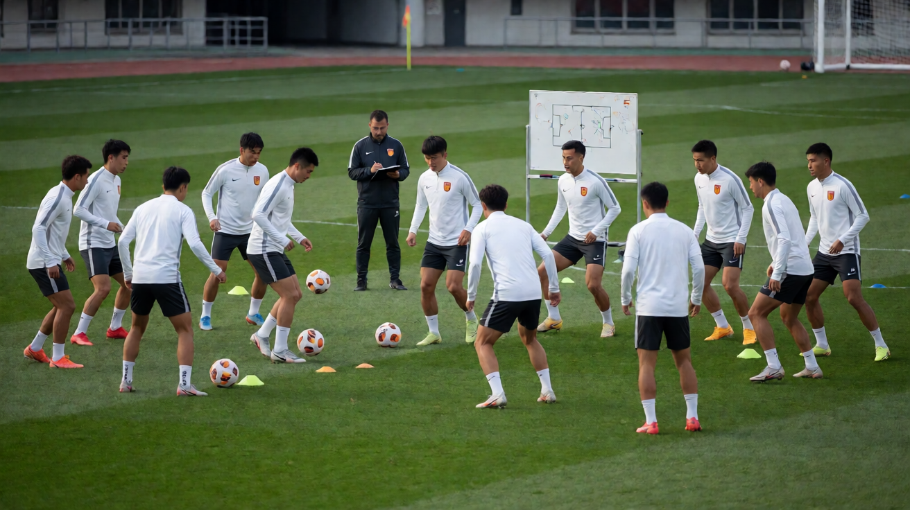 足球训练场上球员进行战术演练，教练在场边记录数据